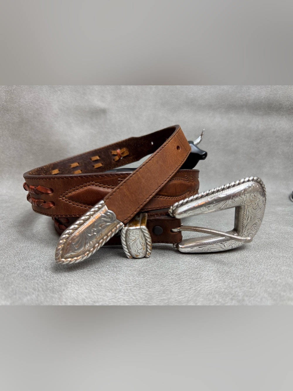 Justin Boots Brown Leather Western Belt with Decorative Silver Buckle